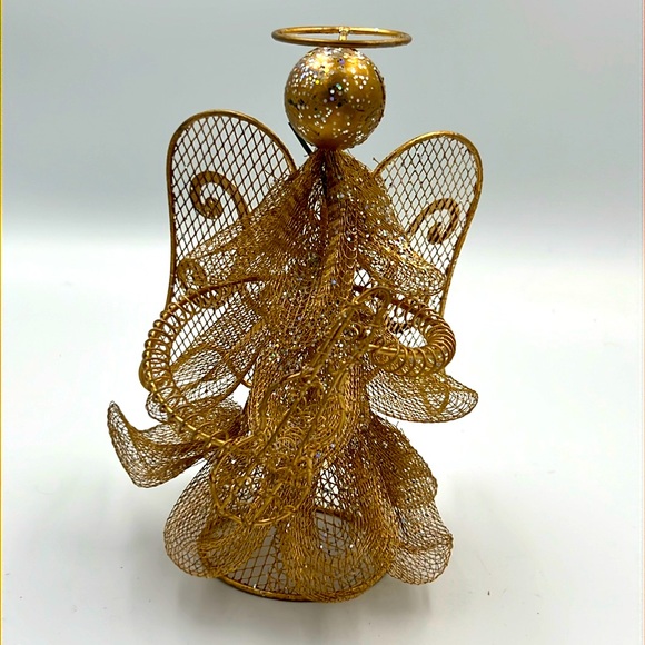VTG Gold metal Christmas Angel playing instrument shiny Tree Topper Display - Picture 1 of 8